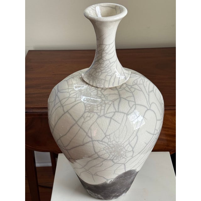 1980s Large Signed Kerry Gonzalez Raku Pottery Vase With Crackle & Smoke Glaze, 22" For Sale - Image 5 of 12