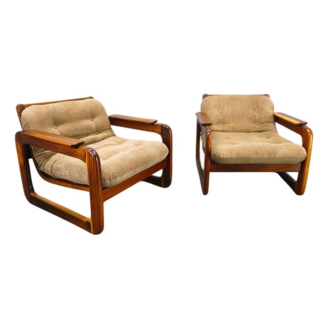 Scandinavian Lounge Chairs in Wood and Corduroy Upholstery, 1970s, Set of 2 For Sale