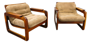 Scandinavian Lounge Chairs in Wood and Corduroy Upholstery, 1970s, Set of 2