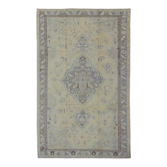 Vintage Turkish Medallion Oushak in Muted Yellow, Blue, Green, Peach & Lilac For Sale