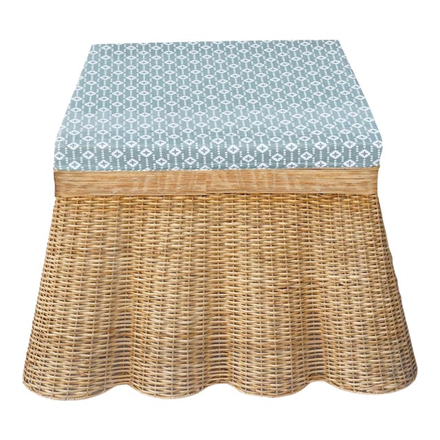 Scalloped Wicker Coffee Table / Large Ottoman with Cushion, Diamond Pattern in Sage Green For Sale