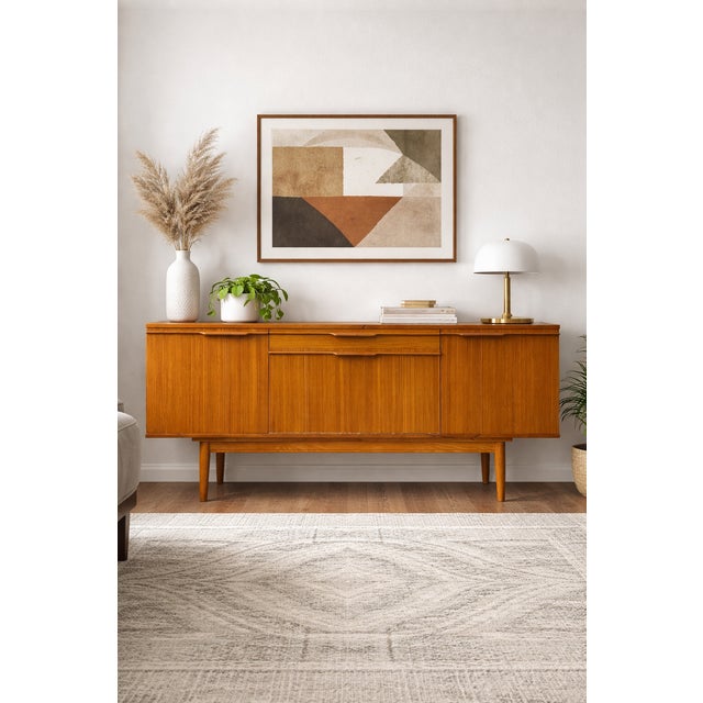 Mid Century Modern Zebrawood Credenza featuring elegant vertical grain striping, sculpted integrated pulls, and a clean...