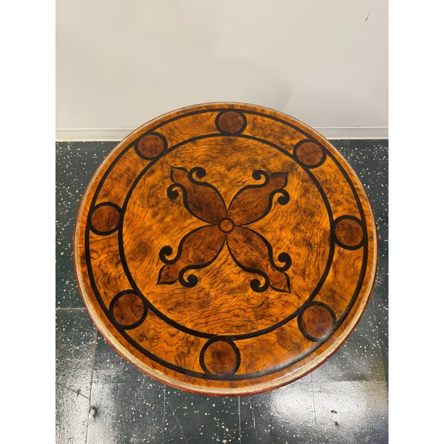 Traditional Vintage Burl Wood Inlaid Round Center Table Regency Style For Sale - Image 3 of 4