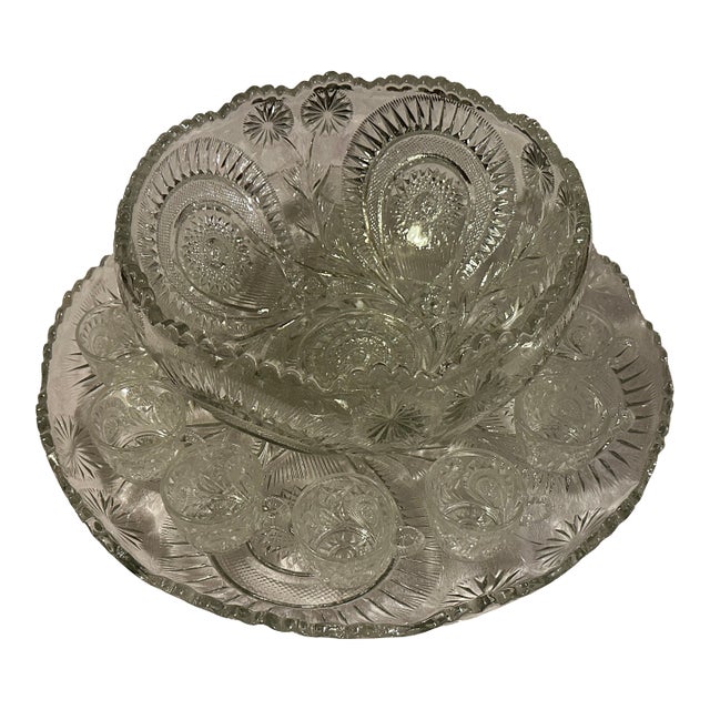 1950s Large Pressed Glass Punch Bowl Set - 13pcs For Sale