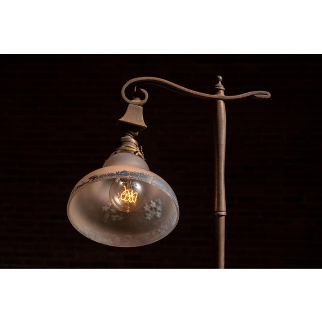 Art Nouveau Early 20th Century Art Nouveau Ball Joint Bridge Arm Lamp With Blue Floral Lamp For Sale - Image 3 of 6