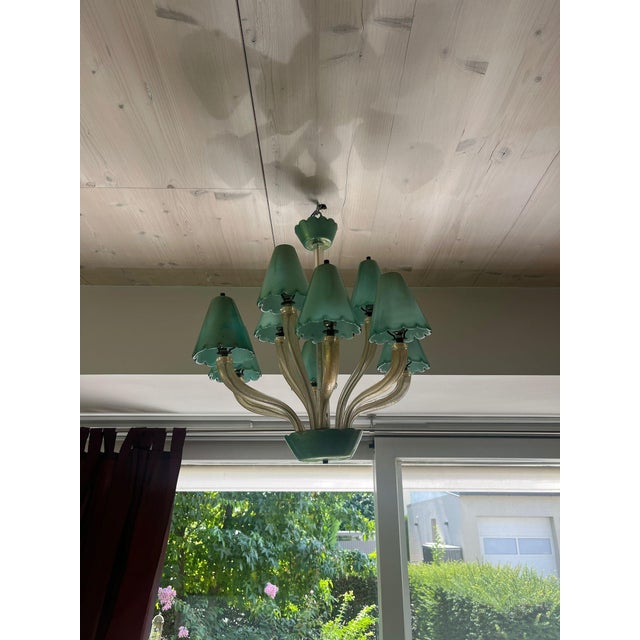 1960s Murano Chandelier with Green Gold Leaf 24K, 1960s For Sale - Image 5 of 11
