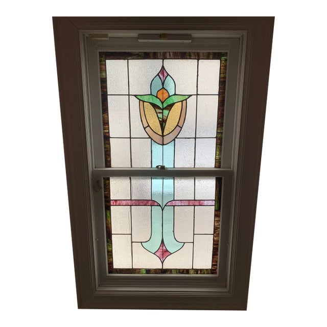 1920s Salvaged Reclaimed Rose Stained Glass Window For Sale