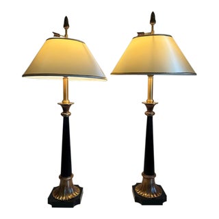 Vintage Pair of Maitland Smith Tall Black and Gold Column Style Table Lamps For Sale