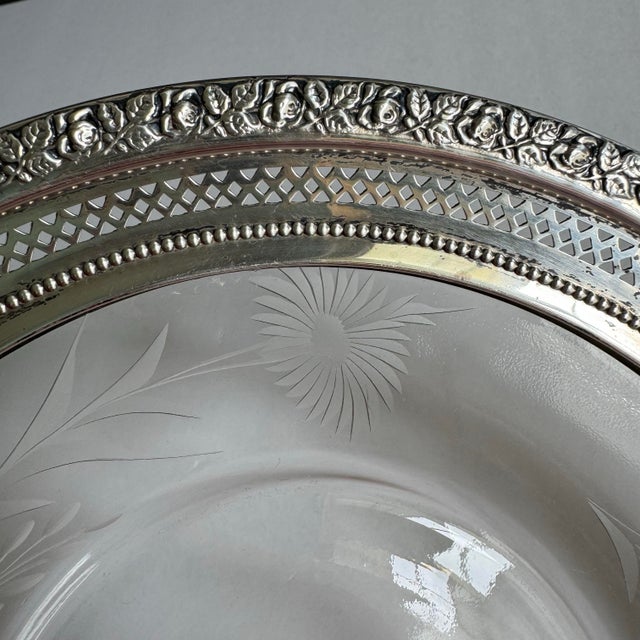 Metal Vintage Wallace Sterling Silver Rimmed Plate Etched Cut Glass Thistle For Sale - Image 7 of 11