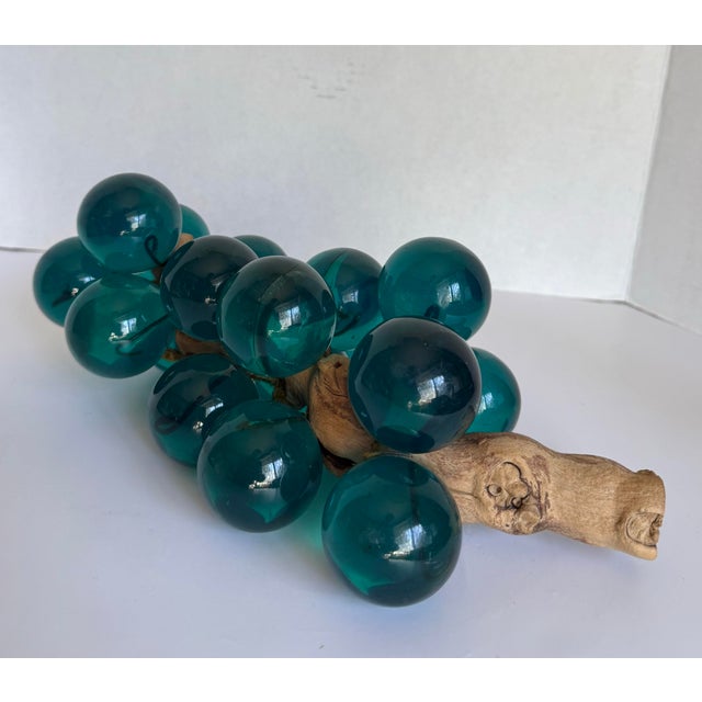 Wood Mid-Century Modern Teal Lucite Grape Cluster on Driftwood Sculpture For Sale - Image 7 of 11
