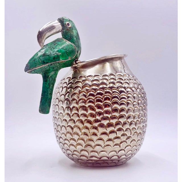 1960s Los Fajardo Taxco Toucan Pitcher Malachite Silver Plate For Sale - Image 12 of 18