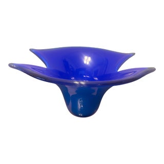 Signed Marcello Furlan Murano Glass Sculptural Centerpiece Bowl, Cobalt Blue, 1995 For Sale
