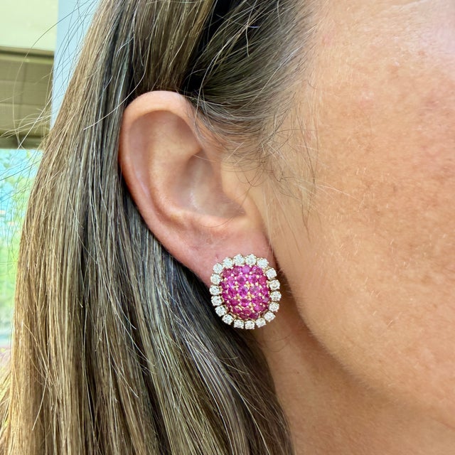 Gold Vintage 14k Yellow Gold 8.82ctw Sapphire & Diamond Halo Drop Bombe Stud Earrings, A Pair For Sale - Image 8 of 8