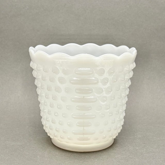 Mid-Century Modern Vintage White Milk Glass “Dot and Dash” Hobnail Planter With Scalloped Rim For Sale - Image 3 of 9