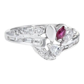 Mixed Cut Diamond Ruby Band Vintage Ring 14k White Gold Estate Fine Jewellery size 6.5 For Sale