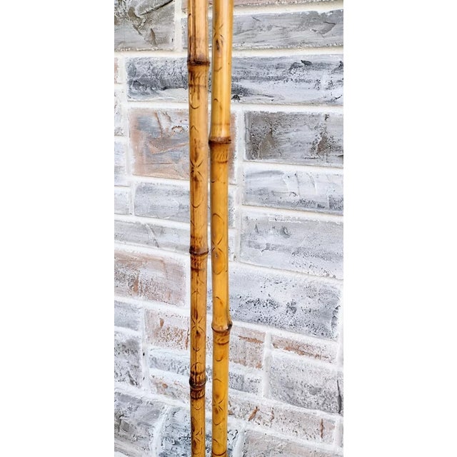 19thc French Antique Chinoiserie Tortoise Shell Pyrography Bamboo Campaign 3 Panel Room Dividing Screen / Linen Fabric Paneled For Sale - Image 9 of 12