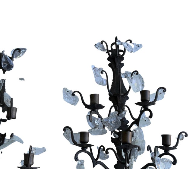 Antique Pair 1920s 5 Arm Candelabra French Italian Rustic Wall Sconces Ornate Wrought Iron W/Crystals For Sale In Palm Springs - Image 6 of 7