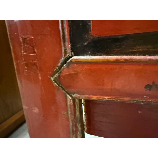 Early 20th Century Early 20th Century Chinese Red-Lacquer Carved Wood Armoire With Hand painted Panels For Sale - Image 5 of 12