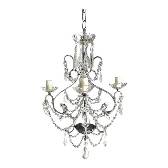 French (4) Light Rock Crystal Beaded Chandelier C. 1930's For Sale