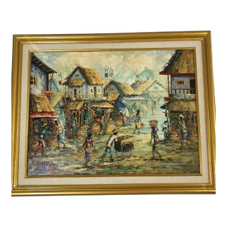 Vintage A. D. Muklas Original Indonesian Street Oil Painting For Sale