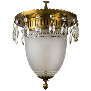 1930's Brass Pendant with Frosted Glass Dome and Crystal Accents For Sale