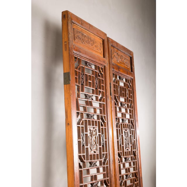 Pair of Antique Chinese Carved Elm Lattice Screens with Figural Motifs For Sale - Image 4 of 18