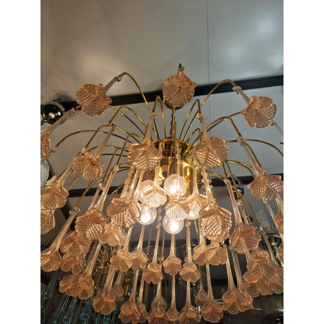 Vintage Gold Rain Chandelier with Handmade Murano Glass Pink Flowers, Italy, 1960 For Sale - Image 15 of 16