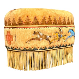 Vintage Cayuse Deer Suede Hand Painted Fringed Ottoman by Patricia Wolf For Sale