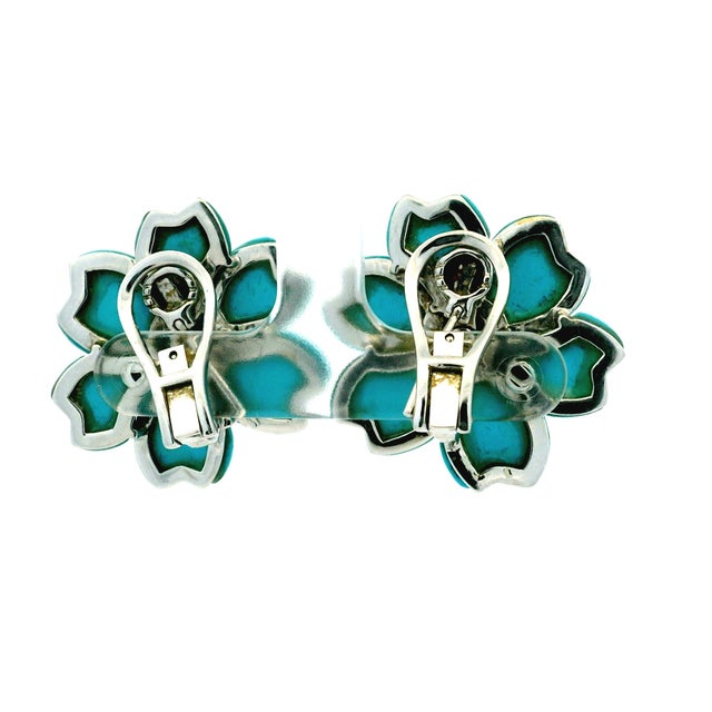 Turquoise Circa 1980s Italian 18k White Gold Persian Turquoise and Diamond Floral Earrings For Sale - Image 8 of 12