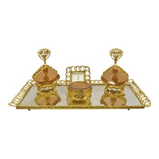 Vtg Filigree Gold French Vanity Set Perfume Bottles Clock Jewelry Box Tray 5 Pcs For Sale