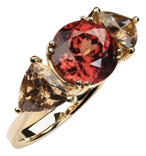 Red and Smoky Cambodian Zircon Dinner Ring in 14k Yellow Gold