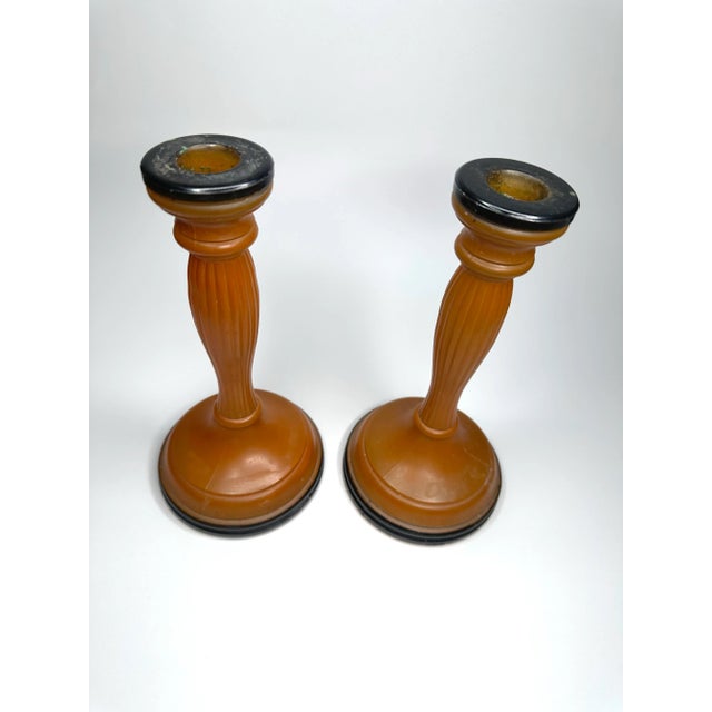 Glass Vintage Art Deco Orange & Black Czechoslovakian Glass Candlesticks, a Pair For Sale - Image 7 of 11