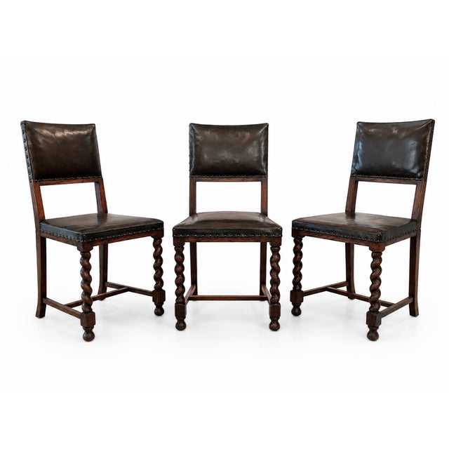Antique Leather and Oak Studded Back Chairs, 1890s, Set of 3 For Sale - Image 5 of 5