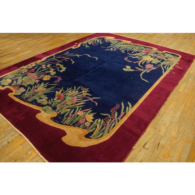 Art Deco 1920s Blue Navy Medallion Antique Chinese Art Deco Carpet 8' 9" X 11' 5" Knotted Wool Rug For Sale - Image 3 of 10