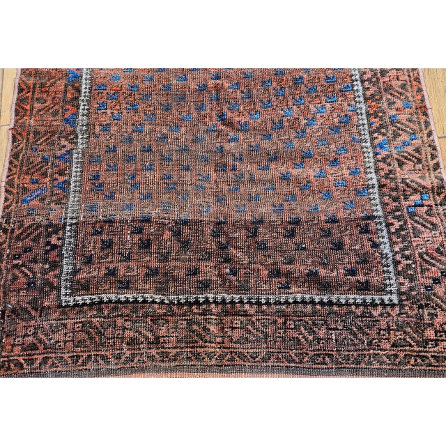 19th Century Turkmen Yomut Area Rug in Allover Geometric Pattern in Dark Red, Brown, French Blue For Sale - Image 16 of 18