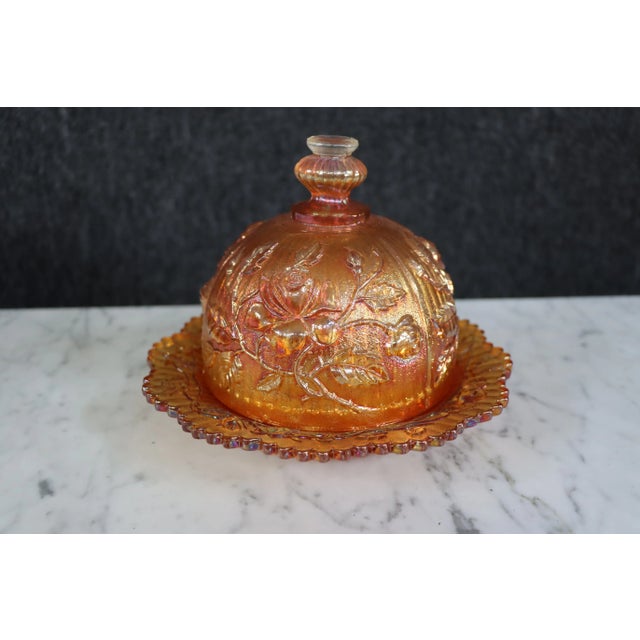 Imperial antique carnival glass in lustre rose pattern, marigold color