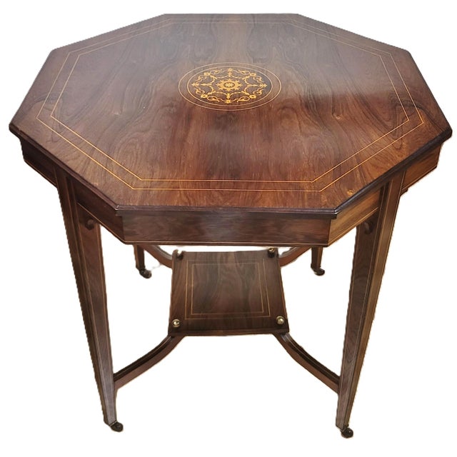 Brown 19th C English Edwardian Inlaid Rosewood Octagonal Center Table For Sale - Image 8 of 16