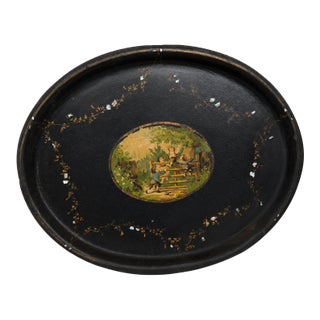 19th Century English Victorian Papier Mache Tray W/ Mother of Pearl Inlay For Sale