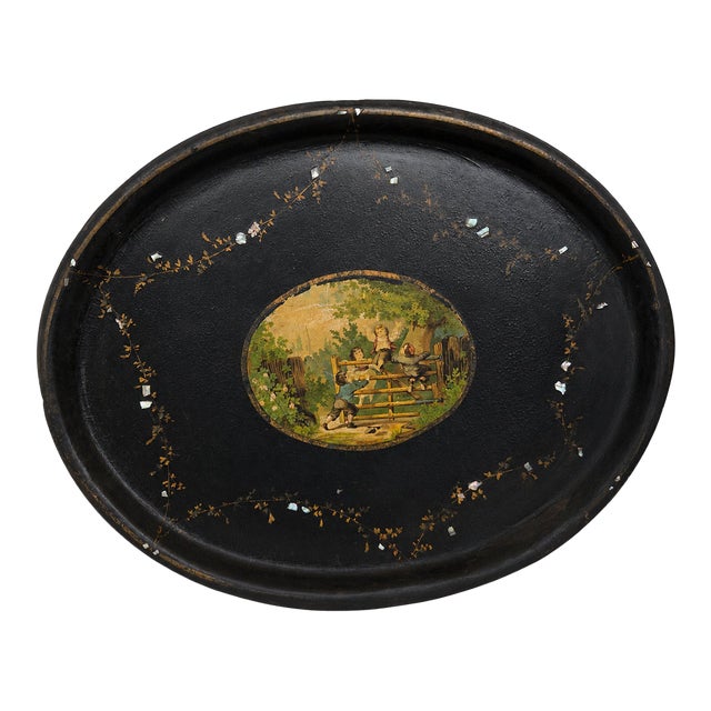 19th Century English Victorian Papier Mache Tray W/ Mother of Pearl Inlay For Sale