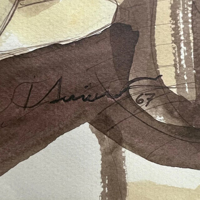 Paper Mid 20th Century Beautiful Brown Face Watercolor Ink on Paper Signed 1967 For Sale - Image 7 of 9
