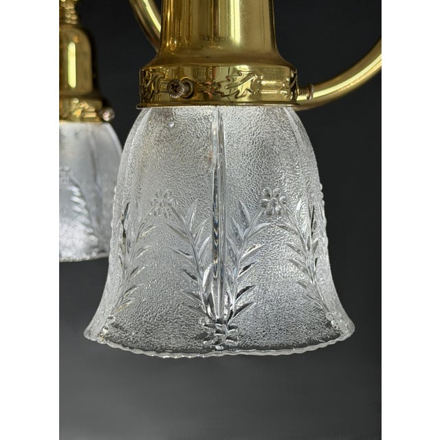 Vintage Brass 2-Up 2-Down Chandelier, Etched Glass Shades, Victorian Revival Lighting Fixture For Sale - Image 6 of 18