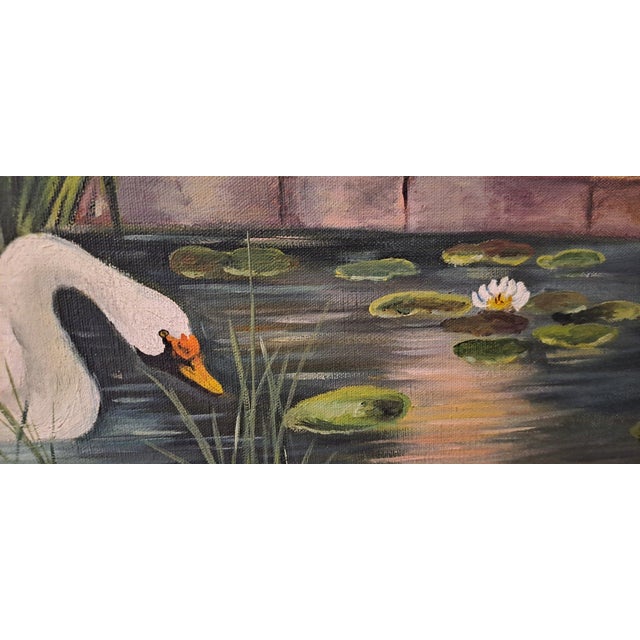 Romantic Scene with Lady and Swans on the River, Early 20th Century, Oil Painting on Canvas, Framed For Sale - Image 6 of 11