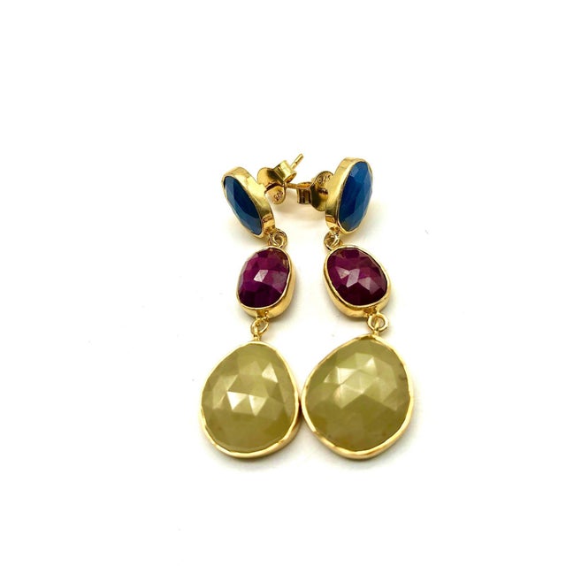 Bochic "Capri" Ruby & Multi Rough Cut Sapphire Earrings Set In 18K Gold & Silver Natural Ruby Oval Shape from Africa...