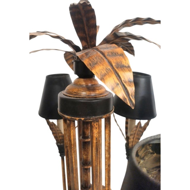 1990s Vintage Currey & Company Style Large Faux Bamboo Bronze Black Palm Leaf Regency Iron 6 Light Chandelier Light Fixture For Sale - Image 5 of 8