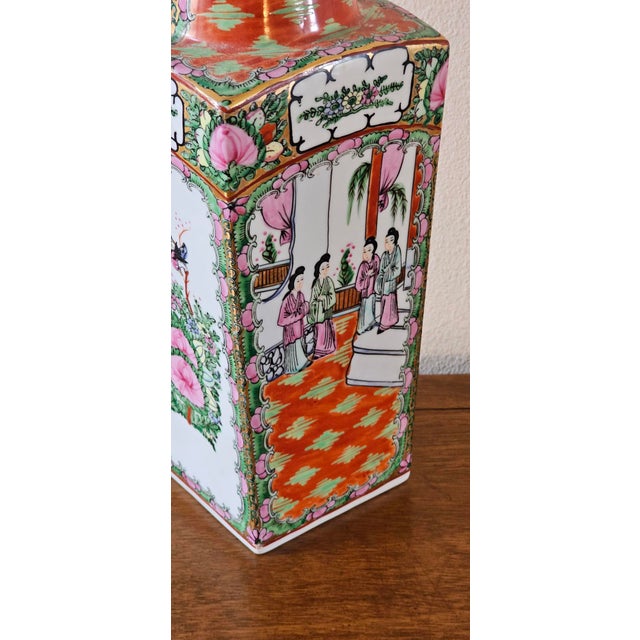 Ceramic Antique Chinese Famille Rose Square Porcelain Vase - Hand-Painted Imperial Court Scene For Sale - Image 7 of 15