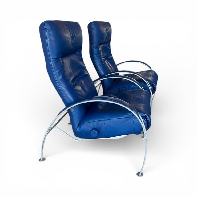 Percival Lafer Pair of Vintage Lafer Billie Blue Leather Lounge Chairs, Brazil For Sale - Image 4 of 11