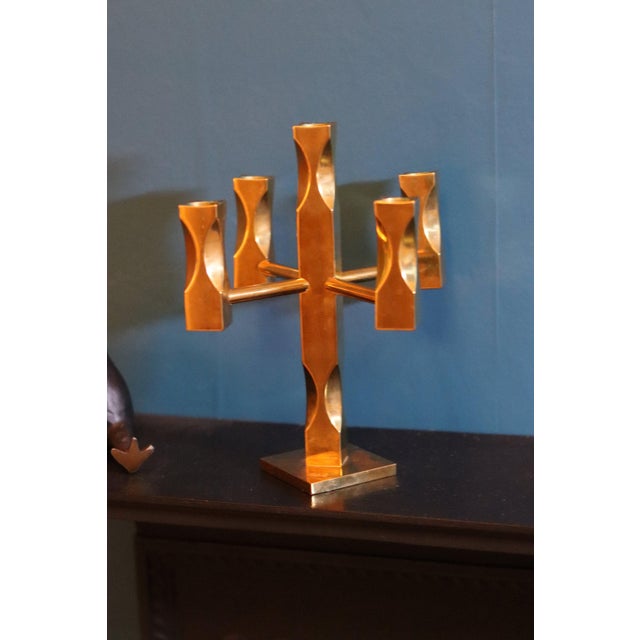Swedish Brass Five-Arm Candelabra by Lars Åkesson for Vallonmässing For Sale - Image 11 of 11