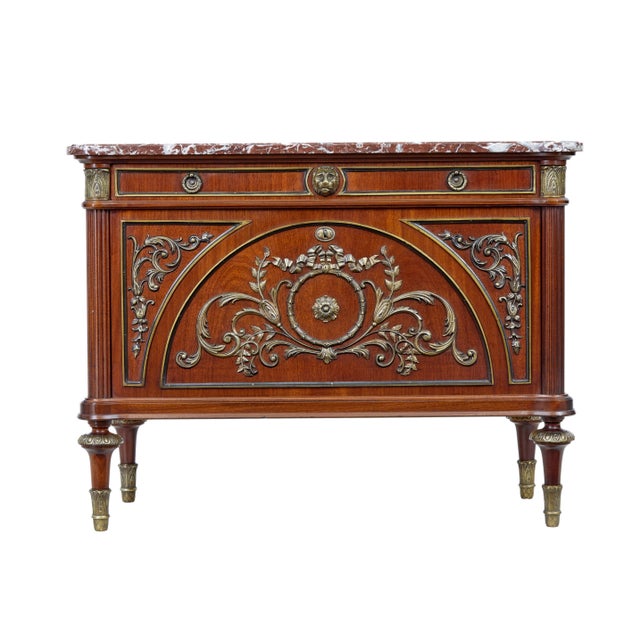 Fine quality 1960s ormolu, mahogany and marble top commode. single drawer below the top, with a drop down front that...