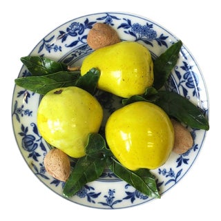Blue & White Porcelain Bowl With Fruit, Yellow Apple, Pears & Almonds Centerpiece For Sale