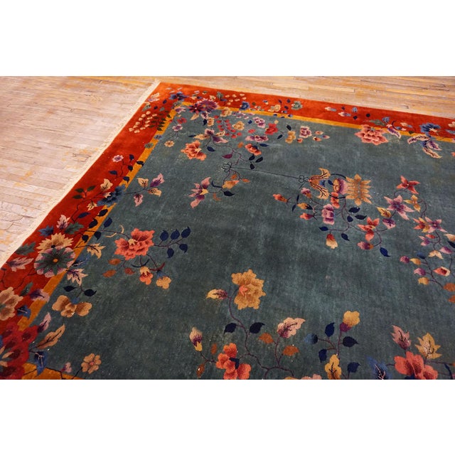 Tranquil and Calming Light Blue Background With Warm Red Field and Magnificent Array of Multicolored Floral Motifs Antique Chinese Art Deco Rug For Sale - Image 13 of 15